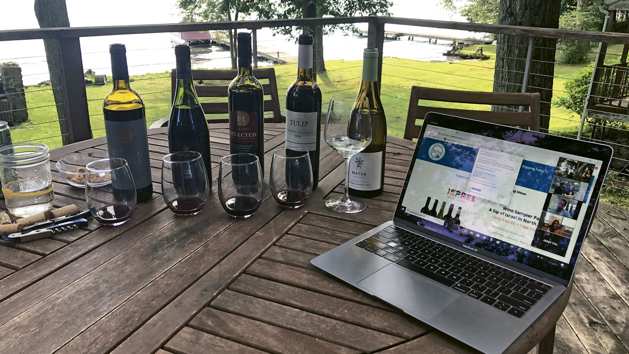 News editor Johanna Jainchill’s setup for a virtual wine tasting with the Israel Wine Producers Association in conjunction with the Israel Ministry of Tourism.