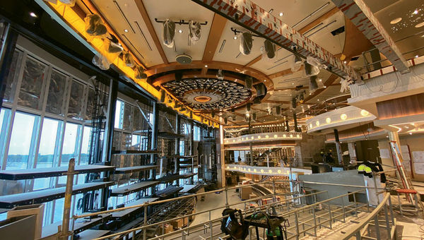 The Mardi Gras's Grand Central atrium under construction at Finland's Meyer Turku shipyard. The Mardi Gras's Grand Central atrium under construction at Finland's Meyer Turku shipyard.