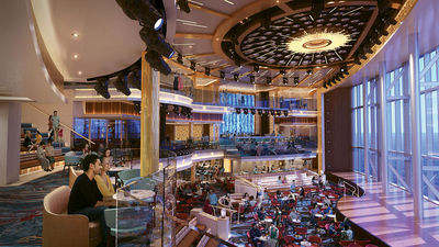 A rendering of the Grand Central atrium of Carnival Cruise Line's Mardi Gras, with its giant, glass-paneled wall.