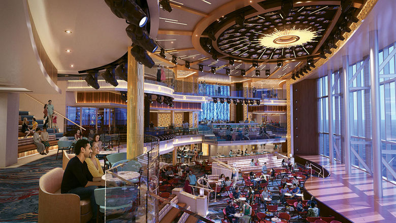 A rendering of the Grand Central atrium of Carnival Cruise Line's Mardi Gras, with its giant, glass-paneled wall.