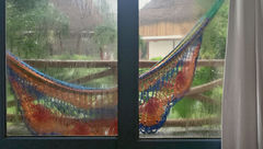 The view of the writer's (unused) hammock during a tropical storm in Holbox, Mexico.