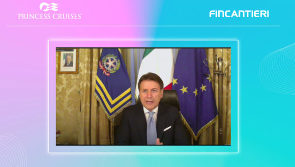 Italy's prime minister Giuseppe Conte speaks by video from Rome to Fincantieri’s shipyard in Monfalcone, Italy, as part of the Enchanted Princess delivery ceremony.