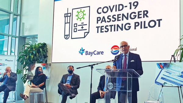 Tampa Airport CEO Joe Lopano at a press conference announcing the airport’s rapid Covid-19 testing pilot, which is taking place through October.