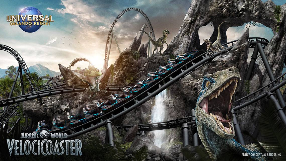 A rendering of the Jurassic World VelociCoaster, slated to open in summer 2021 at Universal Orlando's Islands of Adventure park.