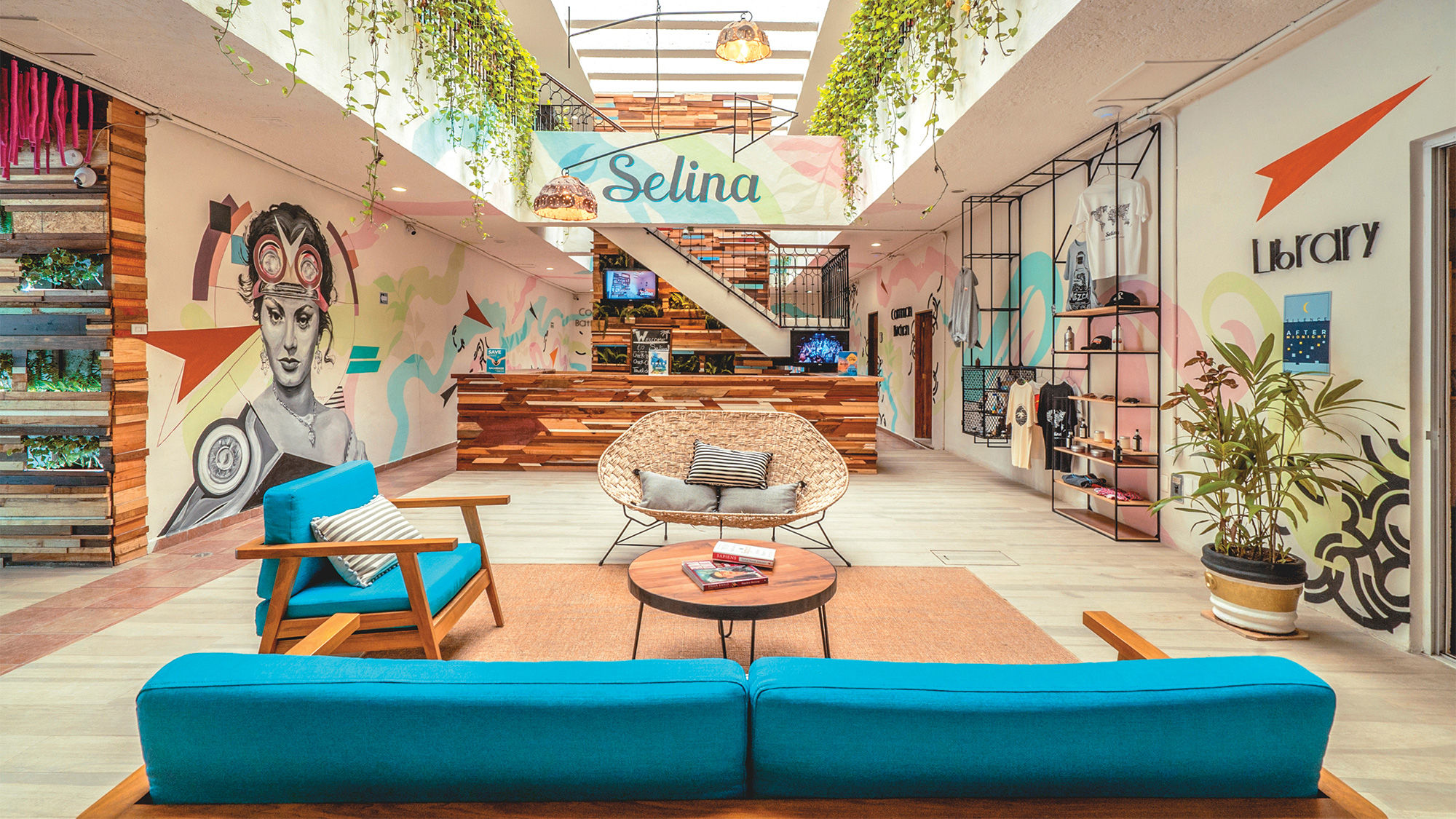 The lobby of the Selina hotel in Cancun.