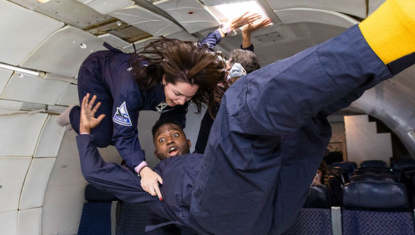Xavier Andres and Shante Cosme, moments after they got engaged in microgravity. Xavier Andres and Shante Cosme, moments after they got engaged in microgravity.