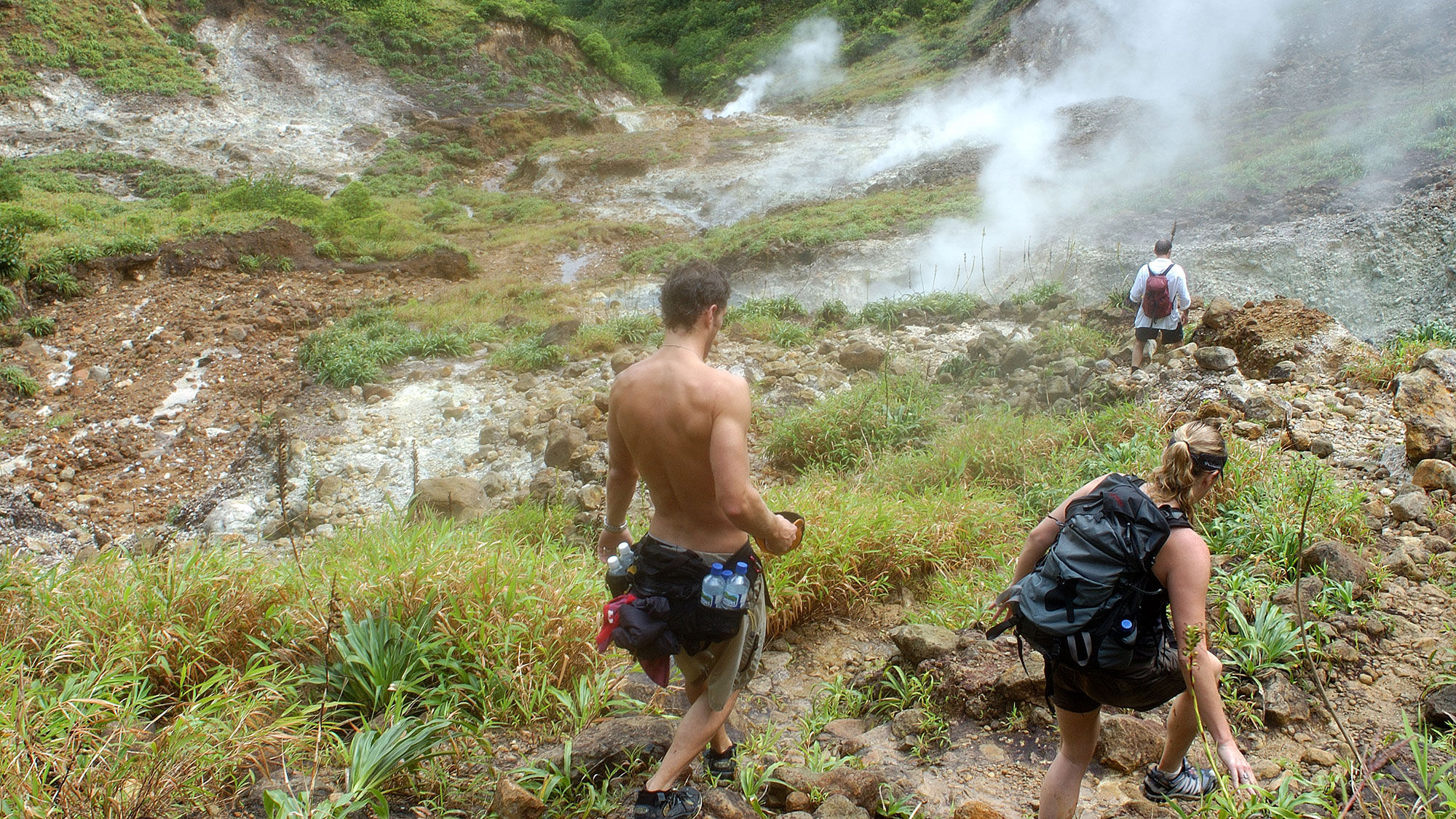 Hikers approach Boiling Lake in Morne Trois Pitons in Dominica.