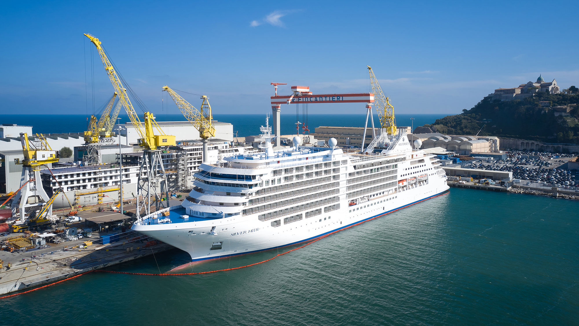 The Silver Moon at the Fincantieri shipyard in 2020. The ship, Silversea's newest, will sail this summer in Greece, Cyprus and Israel.