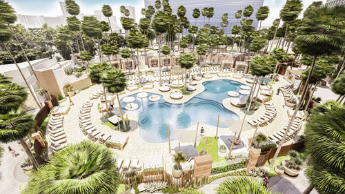 The Virgin Hotels Las Vegas will feature a five-acre pool complex and lawn event area when it opens in March. The Virgin Hotels Las Vegas will feature a five-acre pool complex and lawn event area when it opens in March.