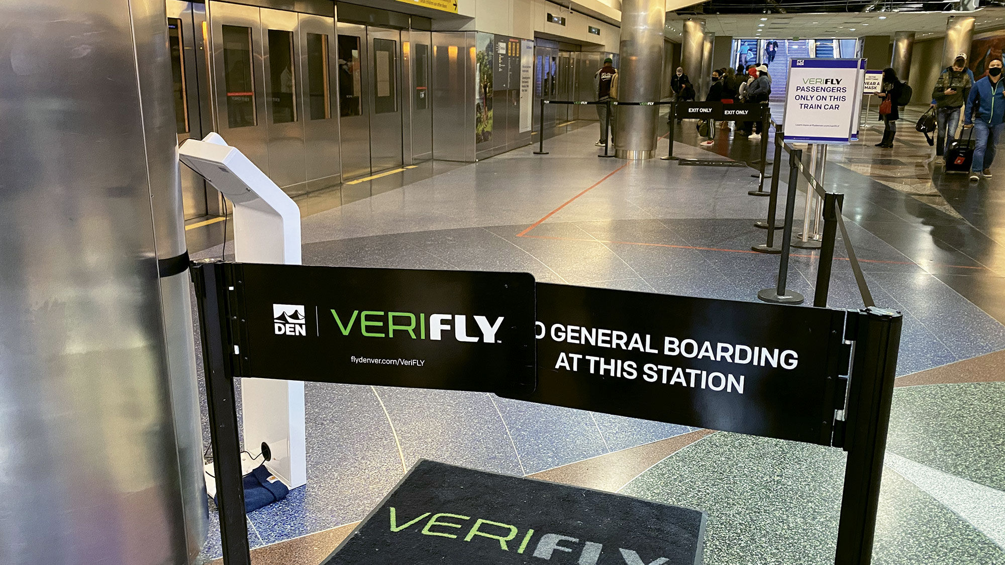 At Denver Airport, Verifly users have a dedicated space to wait for a dedicated car in the train that takes them to other terminals.