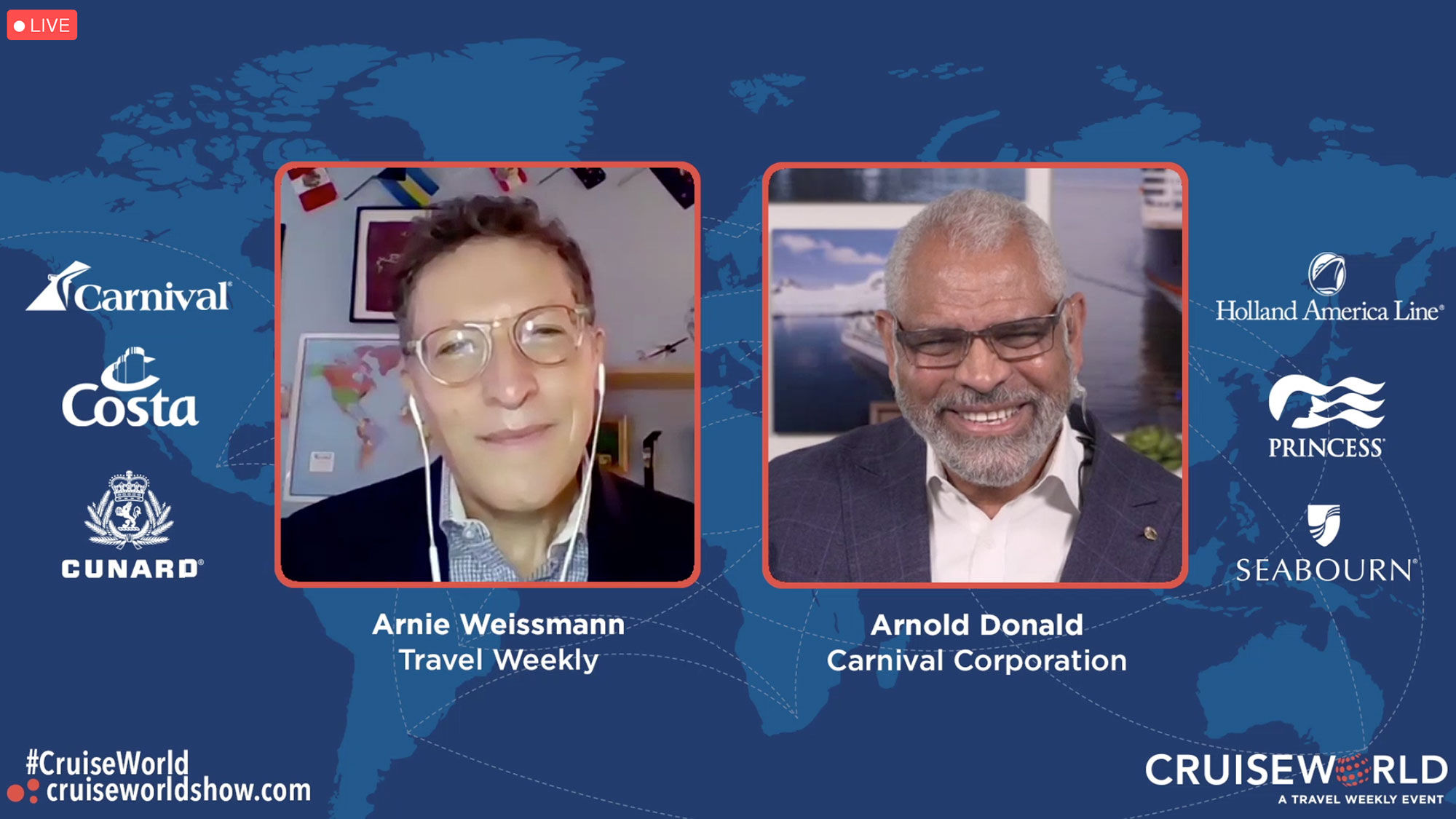 Travel Weekly editor in chief Arnie Weissmann, left, and Carnival Corp. CEO Arnold Donald at the virtual CruiseWorld 2020.
