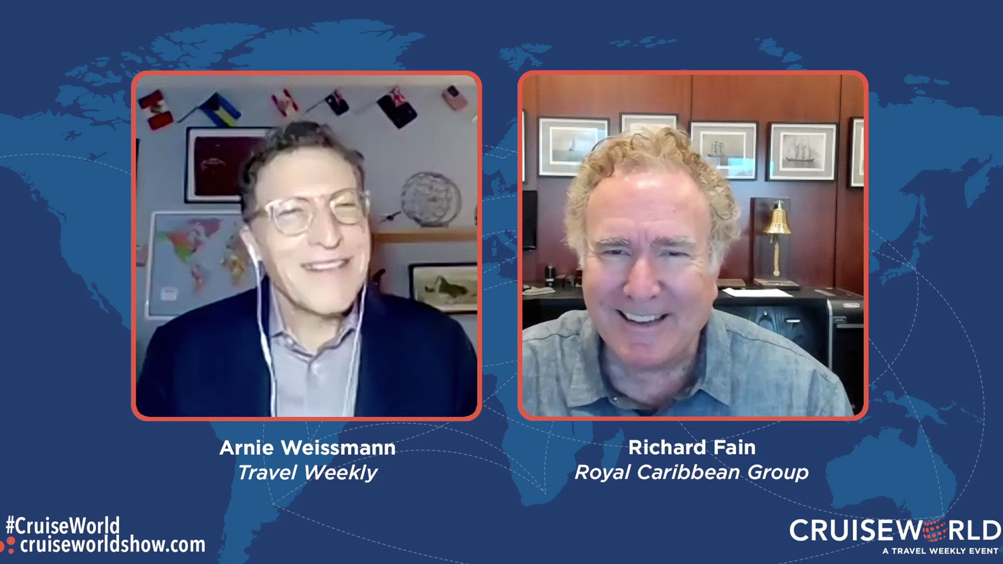 Travel Weekly editor in chief Arnie Weissmann, left, and Royal Caribbean Group CEO Richard Fain at the virtual CruiseWorld 2020.