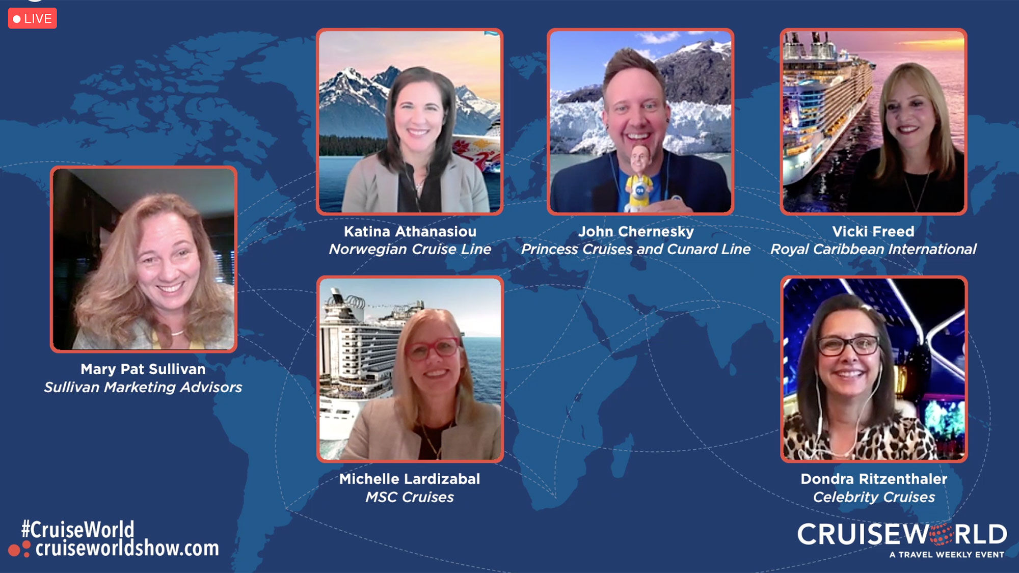 Moderator Mary Pat Sullivan of Sullivan Marketing Advisors and participants in the Mastermind Momentum Moments panel at CruiseWorld.