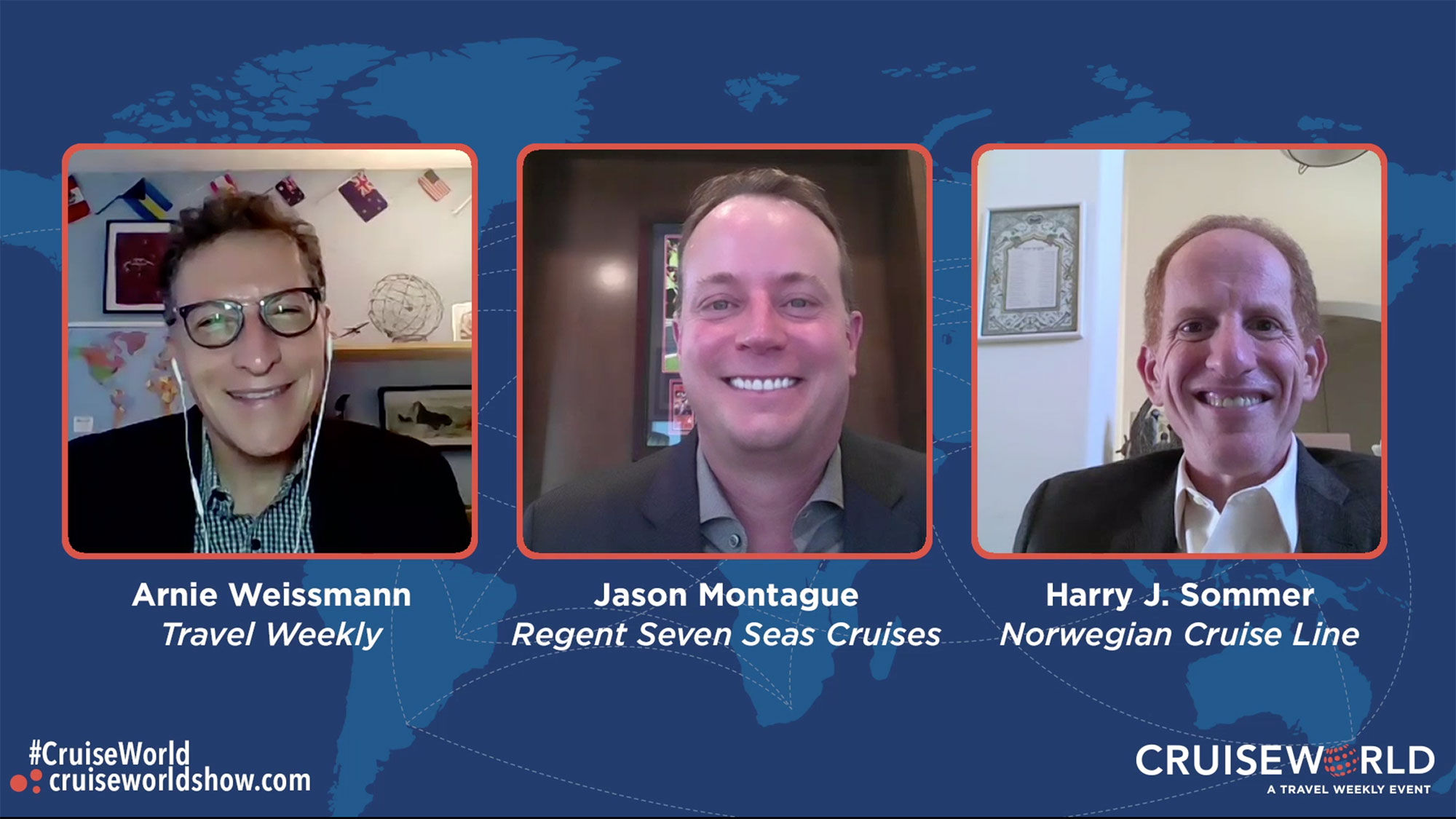 From left, Travel Weekly editor in chief Arnie Weissmann, Regent Seven Seas Cruises CEO Jason Montague and Norwegian Cruise Line CEO Harry Sommer.