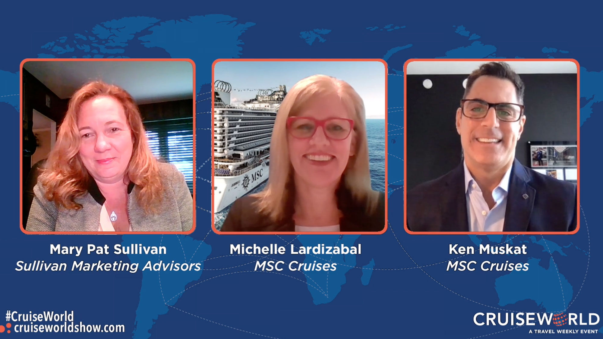 Ken Muskat, COO of MSC Cruises, seen here at right, told travel advisors during a CruiseWorld panel that he expects "the full fleet sailing by the end of summer '21."