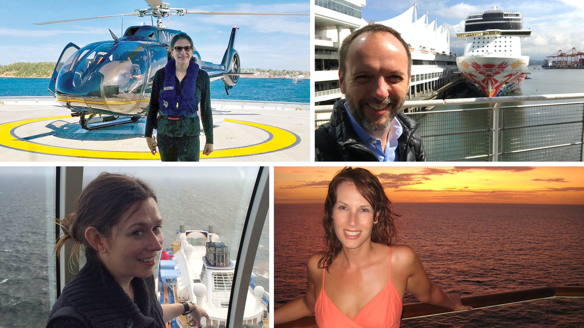 Clockwise from top left: Johanna Jainchill on the aft deck of the Scenic Eclipse; Gene Sloan with the Norwegian Joy in Vancouver; Colleen McDaniel cruising on the Celebrity Equinox and Rebecca Tobin in the NorthStar observation deck of the Quantum of the Seas.