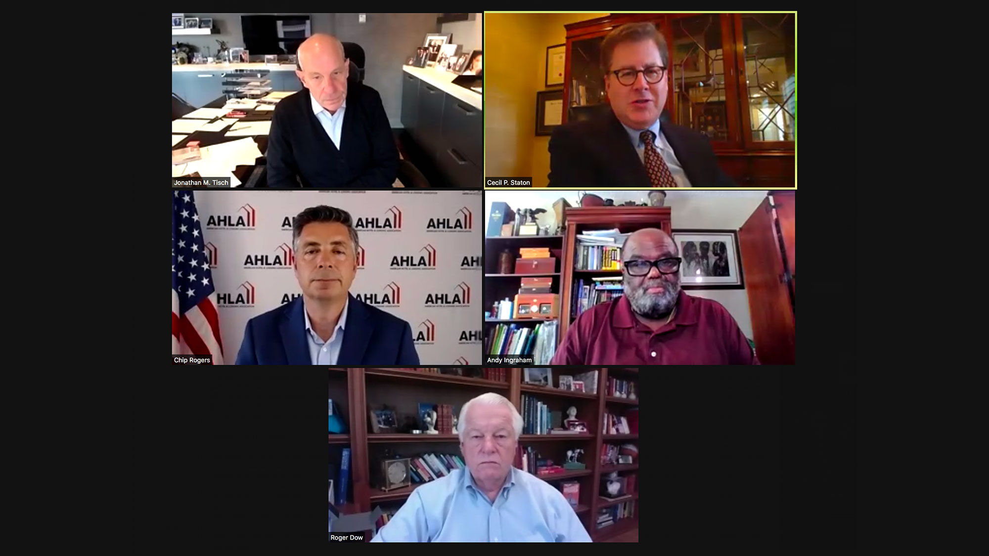 The panel comprised, clockwise from top left, Jonathan Tisch of Loews Hotels (who moderated); Cecil Staton of the Asian American Hotel Owners Association; Andy Ingraham of the National Association of Black Hotel Owners, Operators and Developers; Roger Dow of the U.S. Travel Association; and Chip Rogers of the American Hotel and Lodging Association.