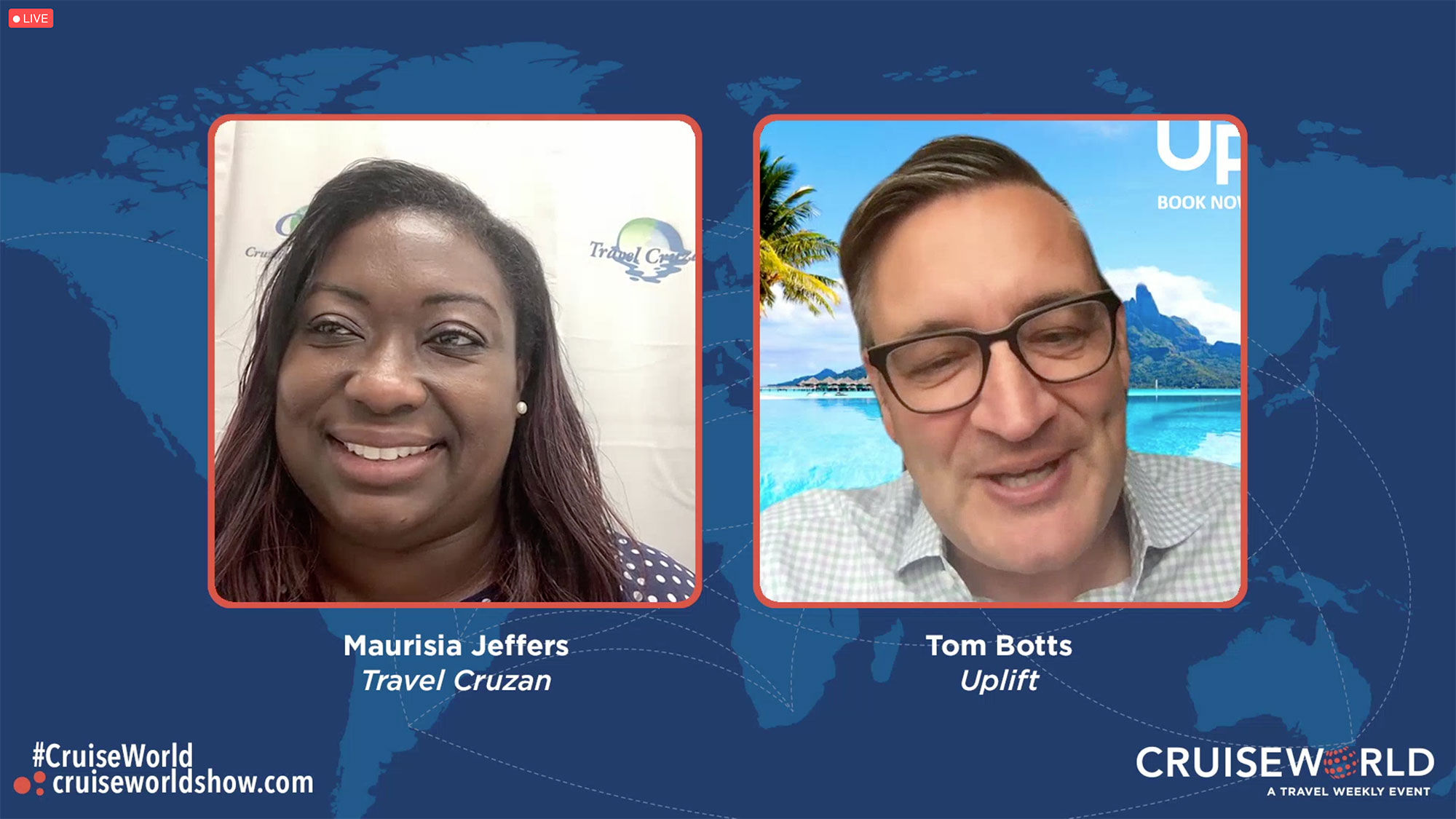 Maurisia Jeffers, owner of Travel Cruzan in Plantation, Fla., was a winner of the Uplifting Travel Advisor of the Year contest. Tom Botts, chief commercial officer of Uplift, presented the award.
