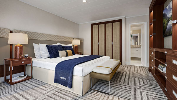 A rendering of a suite bedroom. A rendering of a suite bedroom.