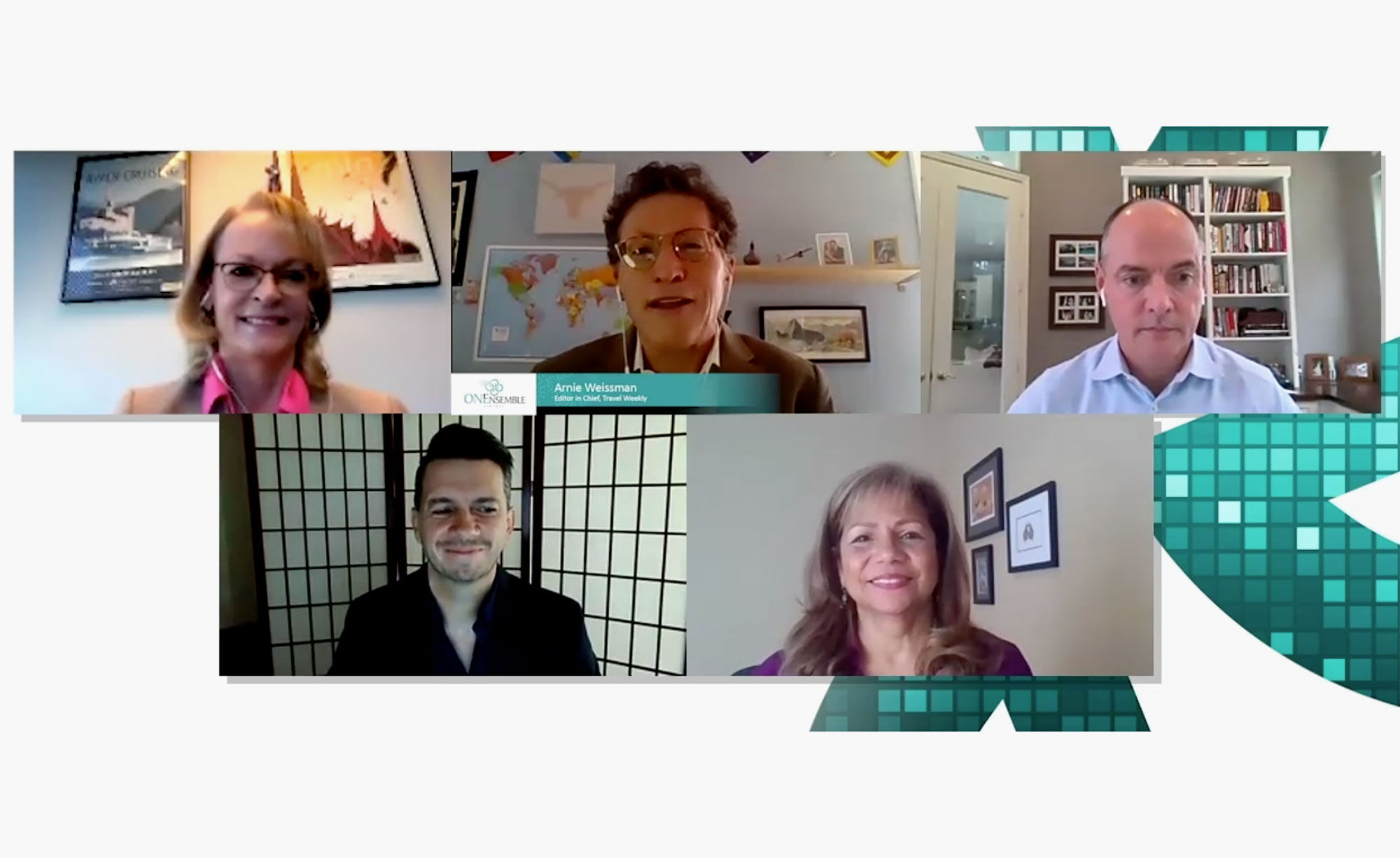 Clockwise from top left, Globus’ Paula Hayes, Travel Weekly editor in chief Arnie Weissmann, Regent’s Randall Soy, Globus’ Stephanie Bishop and Seabourn’s Steve Smotrys.