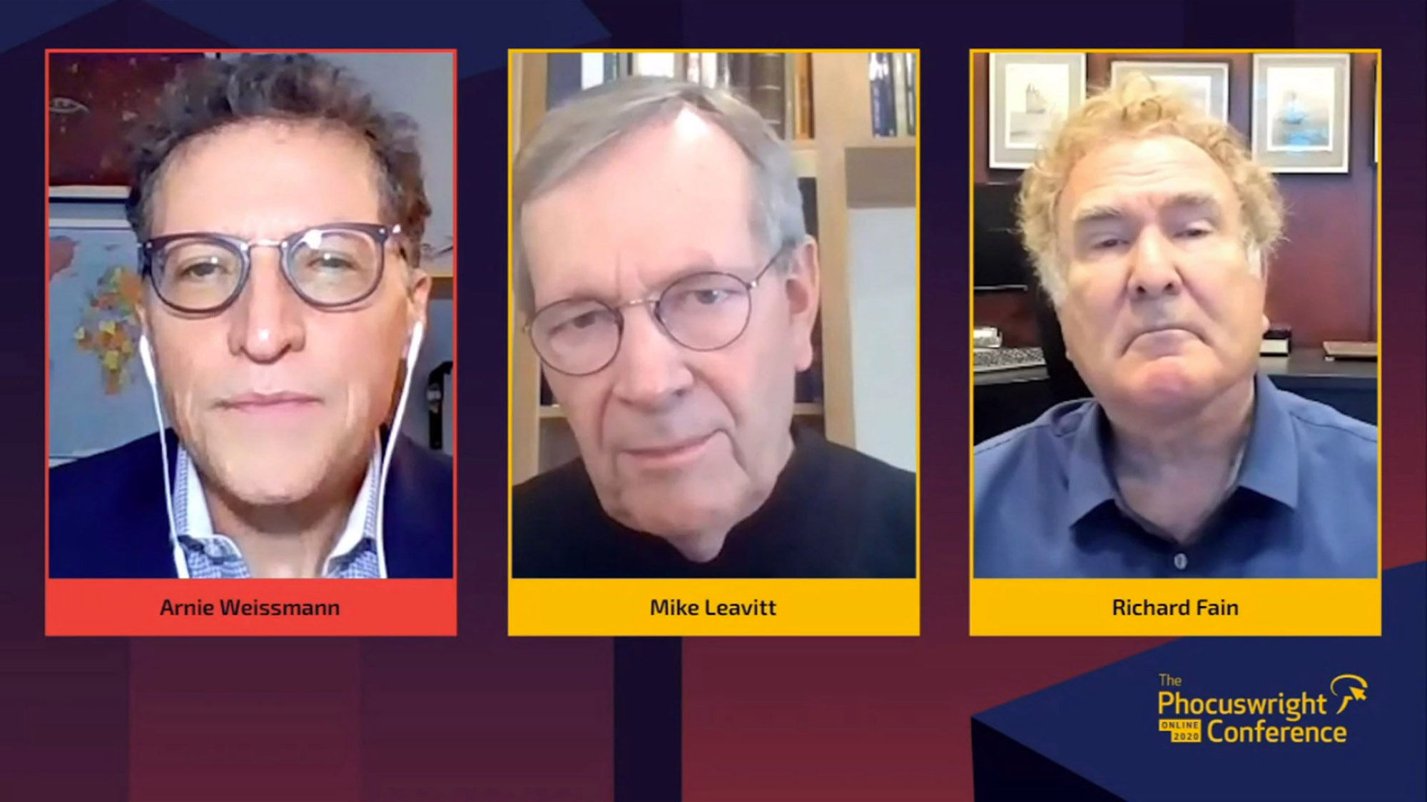 A Phocuswright Conference 2020 panel from left, Arnie Weissmann of Travel Weekly, Mike Leavitt, a former head of the U.S. Department of Health and Human Services and a co-chairman on the Healthy Sail Panel,  and Royal Caribbean Group CEO Richard Fain.