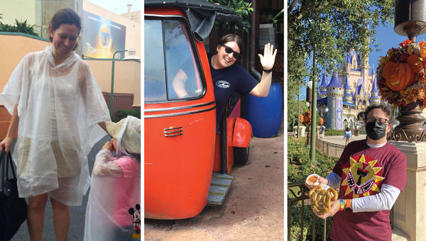 A walk in the park, from left: Rebecca Tobin with her daughter at Hollywood Studios and Jamie Biesiada at Animal Kingdom in pre-mask times; Len Testa at the Magic Kingdom this year.