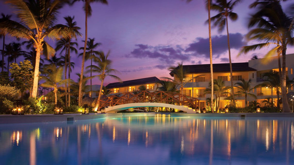 Sunset at the main pool at Dreams Royal Beach Punta Cana.