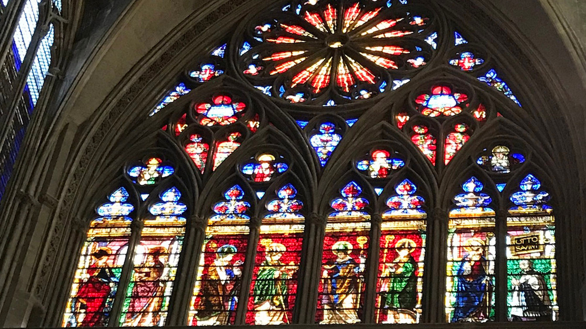 A 16th century display of stained glass filling the southern transept of the Metz Cathedral.