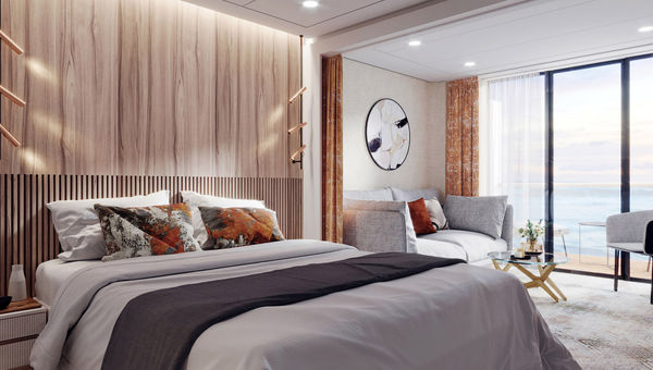 A rendering of a balcony cabin on the Minerva, which is under construction and slated to debut in November. A rendering of a balcony cabin on the Minerva, which is under construction and slated to debut in November.