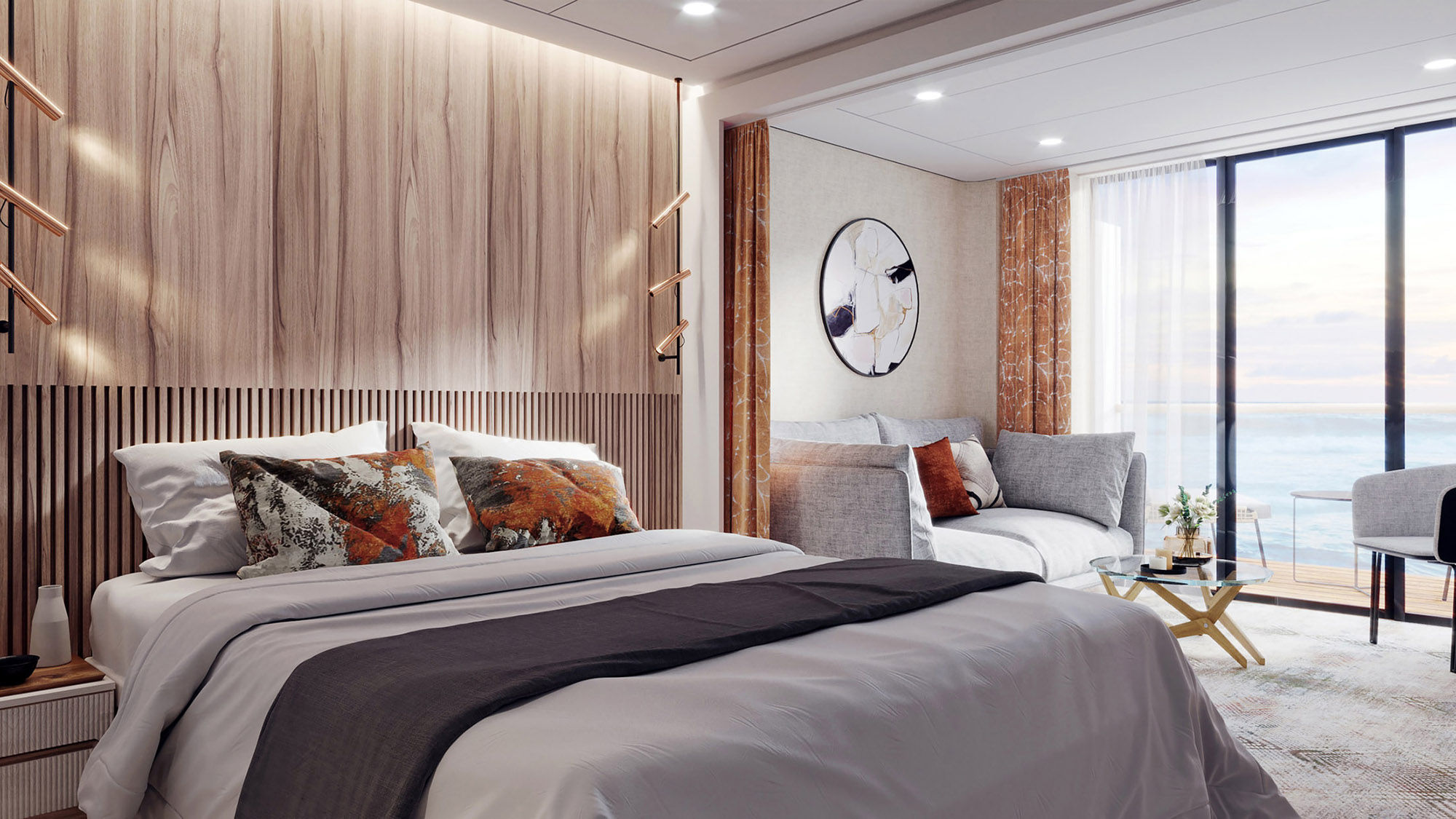 A rendering of a balcony cabin on Swan Hellenic's Minerva, which will debut next November. The line is offering a virtual tour of the ship on YouTube.