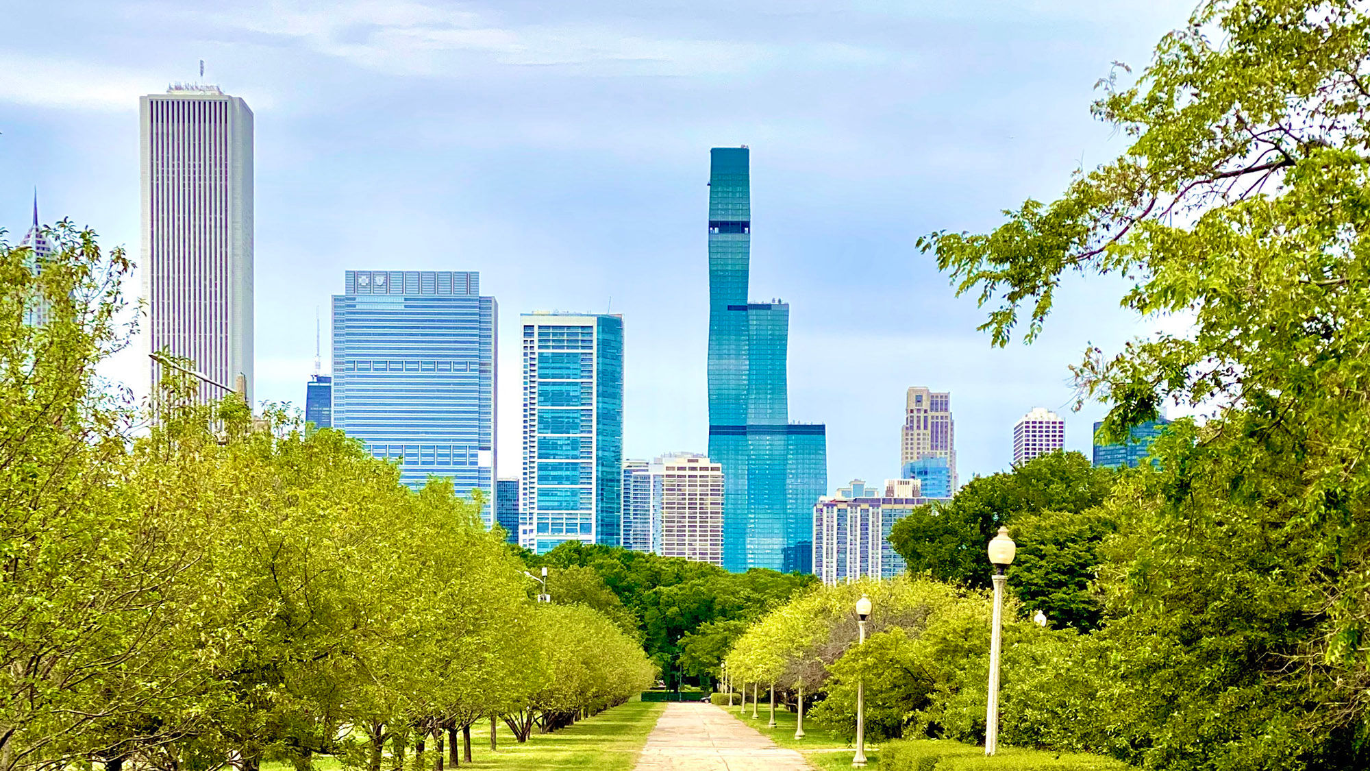 The Lakeshore East skyline, featuring the new St. Regis Chicago and the Residences at the St. Regis Chicago towers, which will be the city's third-tallest skyscraper. Of the two tallest building in the photo, it is the one to the right.