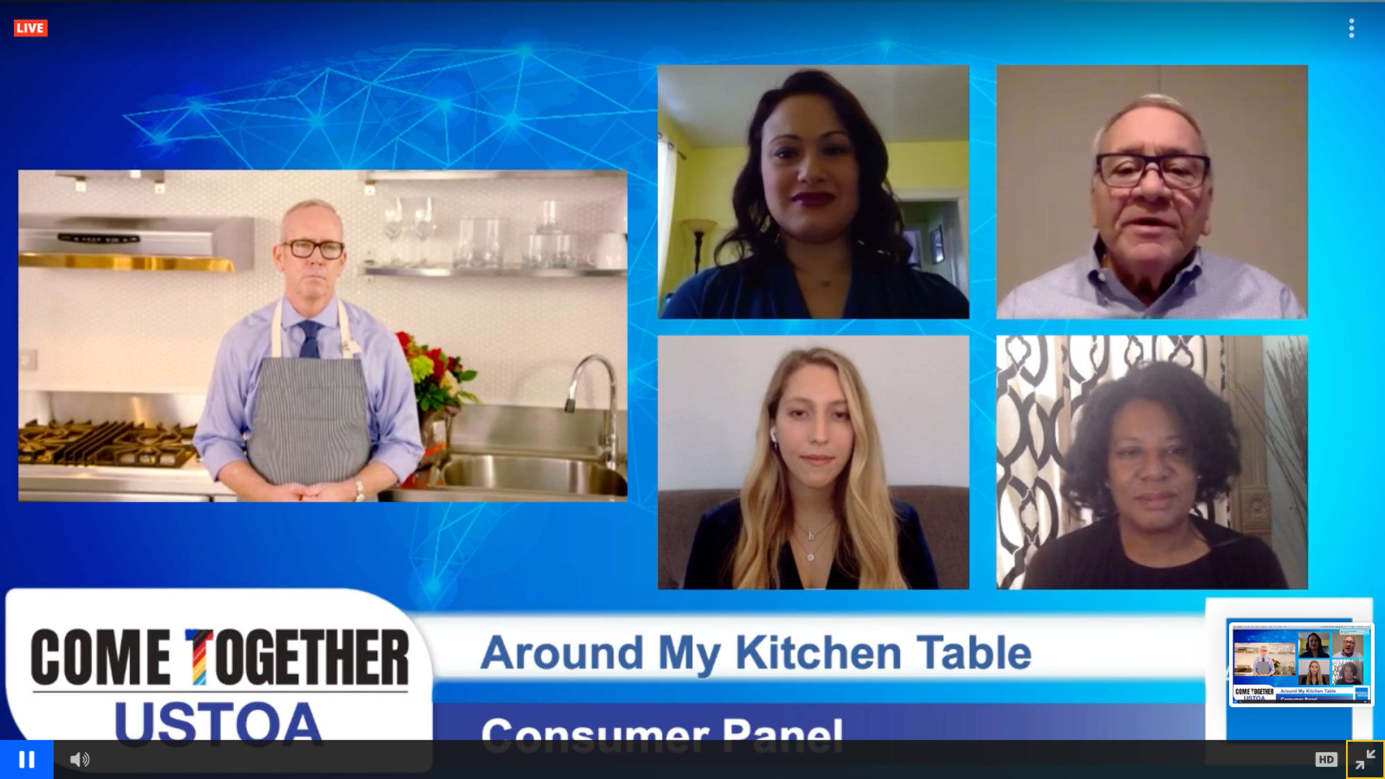 Four consumers from the New York metro area joined USTOA CEO Terry Dale, left, at a "kitchen table" session during the association's virtual conference.