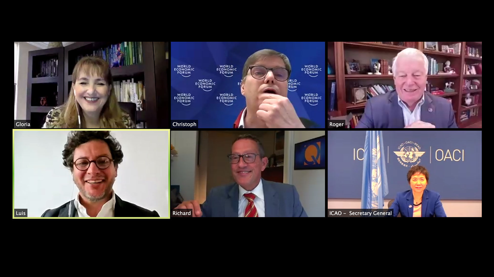 Panelists, clockwise from top left: Gloria Guevara of the WTTC, Christoph Wolff of the World Economic Forum, Roger Dow of the U.S. Travel Association, Fang Liu of ICAO, moderator Richard Quest and Luis Araujo of the European Tourism Commission.