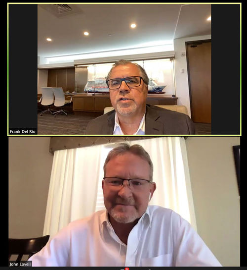 Travel Leaders Group president John Lovell and NCLH CEO Frank Del Rio speaking on a Zoom chat. Travel Leaders Group president John Lovell and NCLH CEO Frank Del Rio speaking on a Zoom chat.