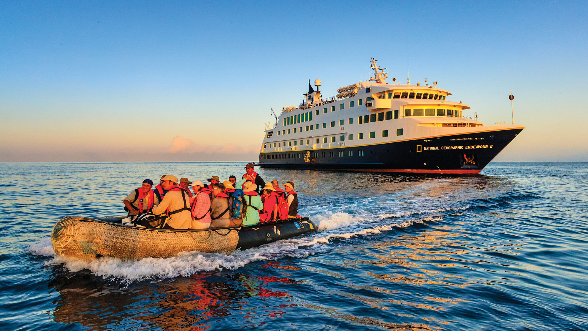 An excursion leaves Lindblad Expedition's National Geographic Endeavour II in the Galapagos.