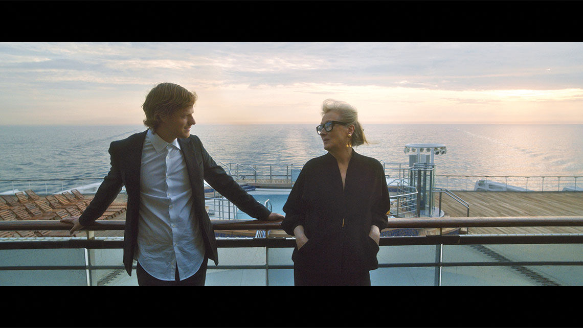Meryl Streep and Lucas Hedges on the deck of the Queen Mary 2 in the movie "Let Them All Talk."