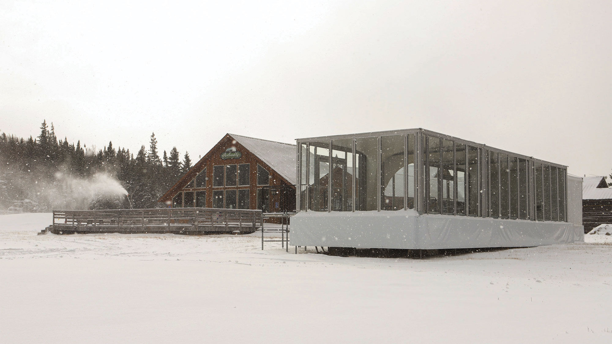 Maine’s Sugarloaf is among the ski areas that have added temporary warming structures to increase lodge capacity.
