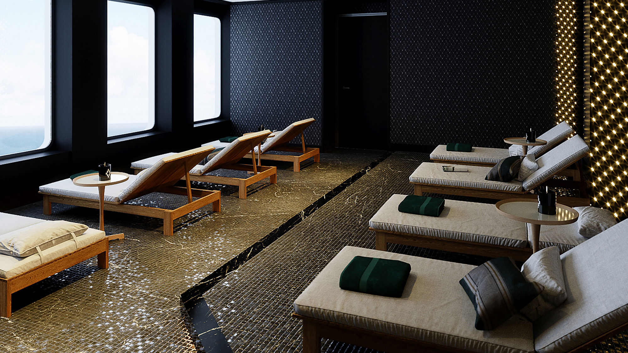 A rendering of the Luxury SeaSpa by L'Occitane’s lounge on Atlas Ocean Voyages' World Navigator.