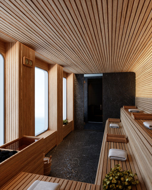 A rendering of the Luxury SeaSpa by L'Occitane’s sauna on the World Navigator.
