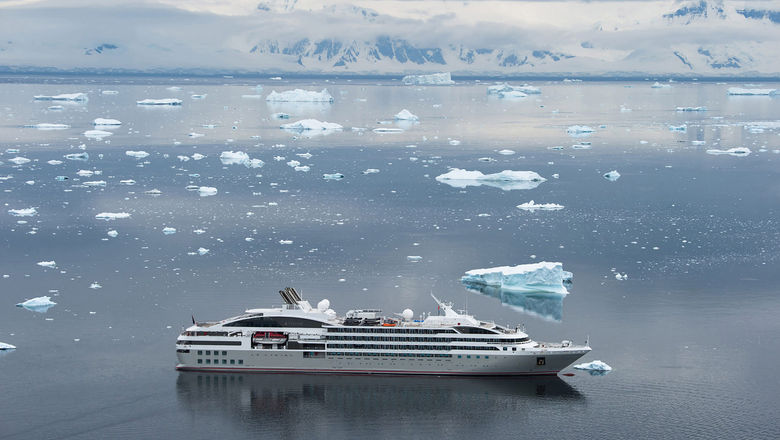 The Ponant ship Le Lyrial in Antarctica, one of the destinations that will be featured in the expedition line's partner cruises with Smithsonian Journeys.