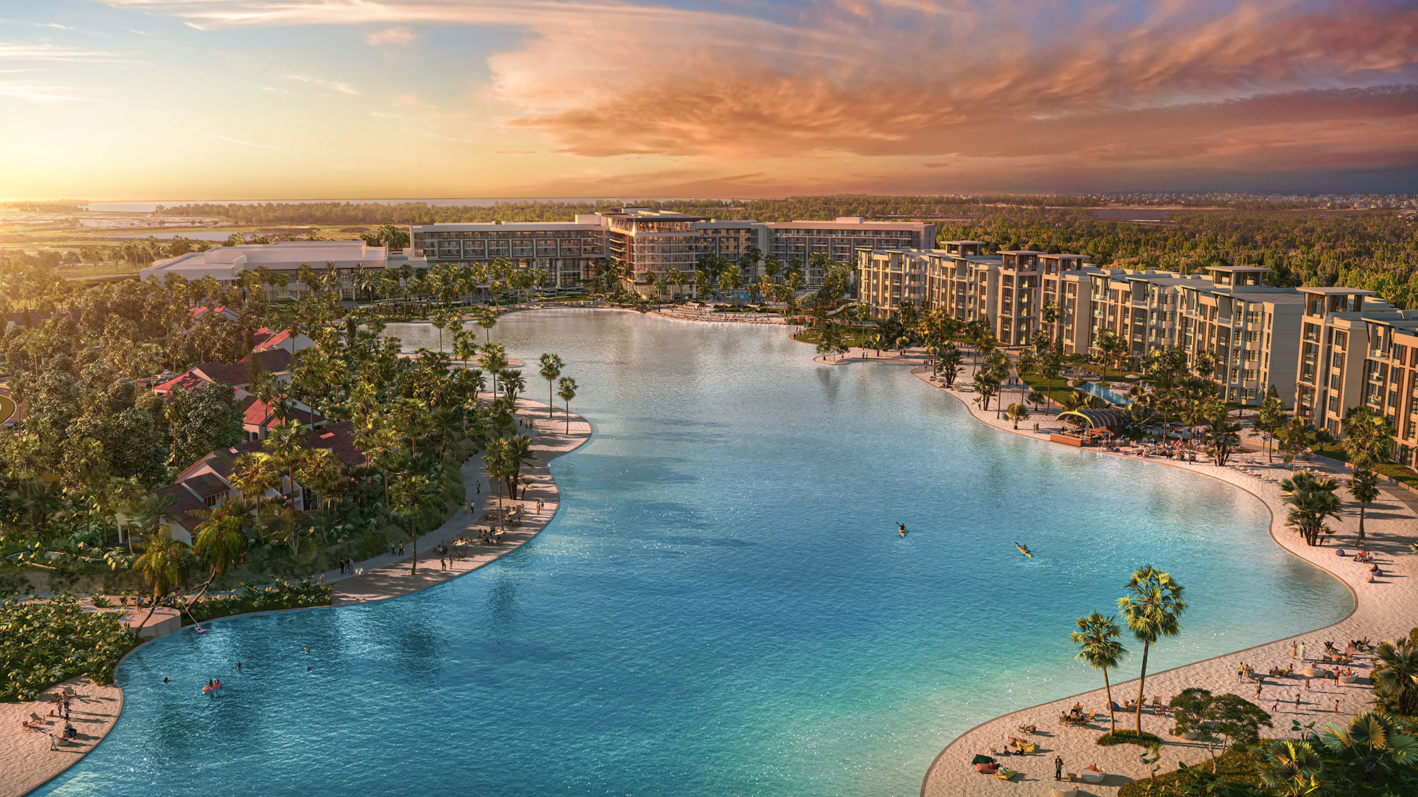A rendering of the Evermore Orlando Resort and its beach and lagoon area.