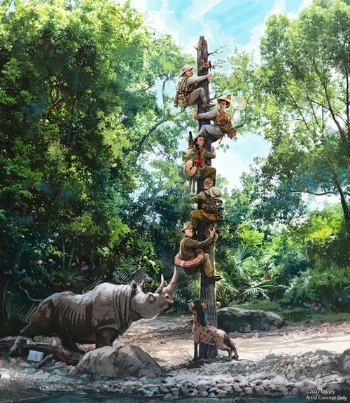 A skipper and passengers caught between a rhino and a hard place in a rendering for Disney's Jungle Cruise.