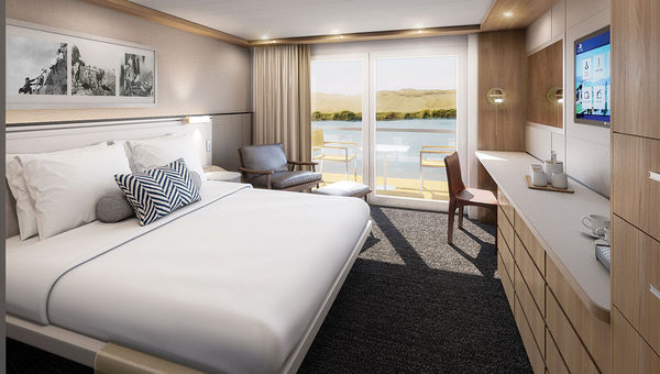 A rendering of a cabin on the Viking Aton, which will sail the line's Pharaohs & Pyramids itinerary beginning in September 2022.