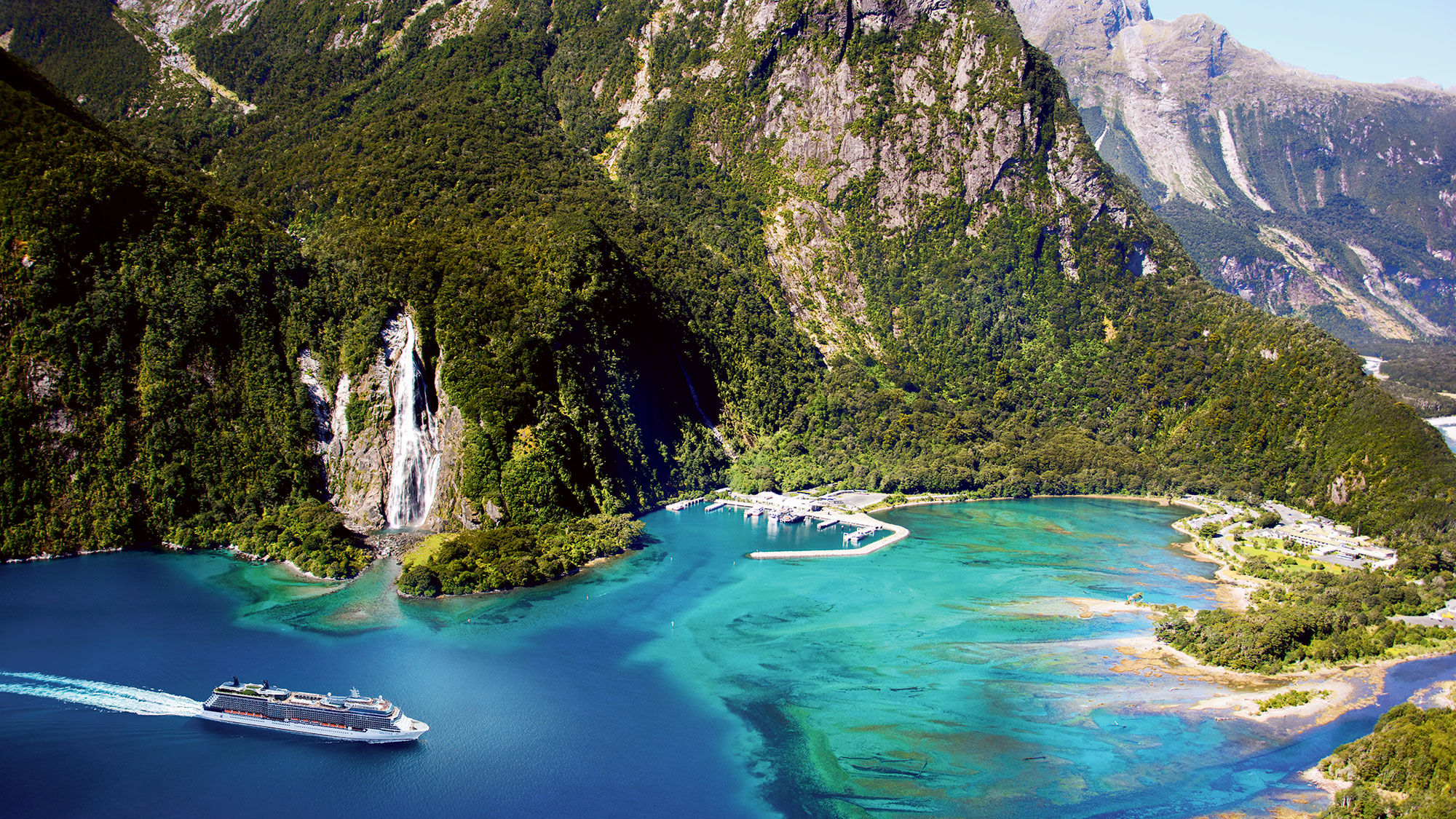A Celebrity Cruises ship in Milford Sound, New Zealand.