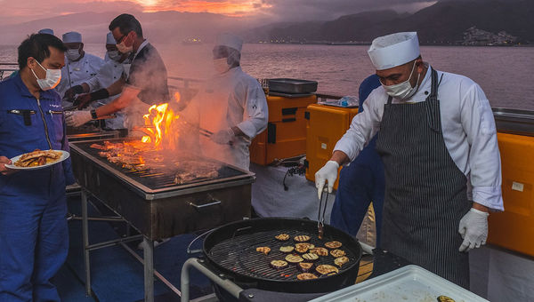 An outdoor BBQ on Hapag-Lloyd's Europa 2, which has been sailing in 2020 from both Germany and in the Canary Islands. An outdoor BBQ on Hapag-Lloyd's Europa 2, which has been sailing in 2020 from both Germany and in the Canary Islands.
