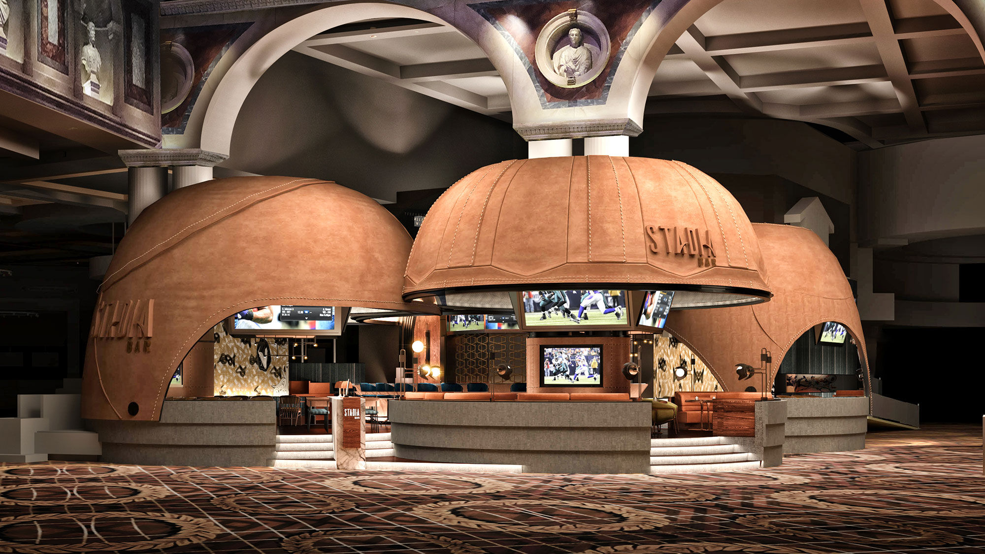A rendering of the VIP lounges at Stadia Bar, which were designed to resemble old-timey leather football helmets.