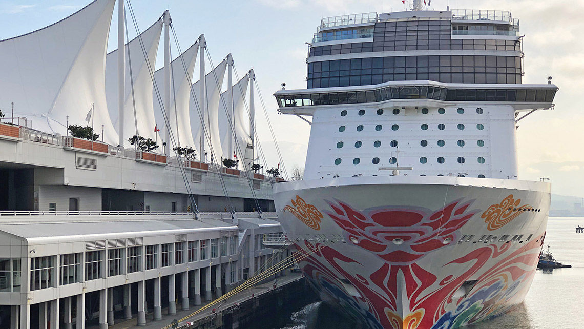 The Norwegian Joy in Vancouver, British Columbia, in 2019. Canada's extension of the cruise ban complicates the Alaska season for cruise lines, because ships on U.S. itineraries are required to stop in a foreign port as part of their itinerary.