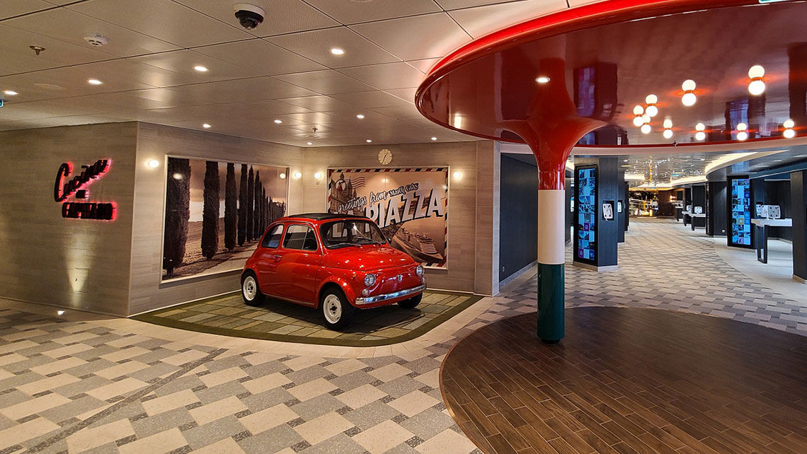 La Piazza will feature a number of Italian touches, like this 1972 Fiat -- chosen to recognize the year of Carnival Cruise Line's founding with the original Mardi Gras.