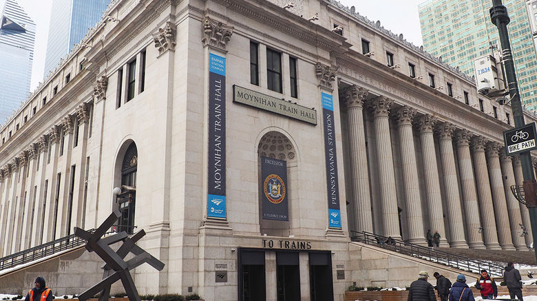 The exterior of Manhattan's Moynihan Train Hall, which opened to the public on Jan. 1. Built within the former James A. Farley Post Office building, the new terminal is an extension of Penn Station, housing tracks that serve both Amtrak and MTA Long Island Rail Road passengers.