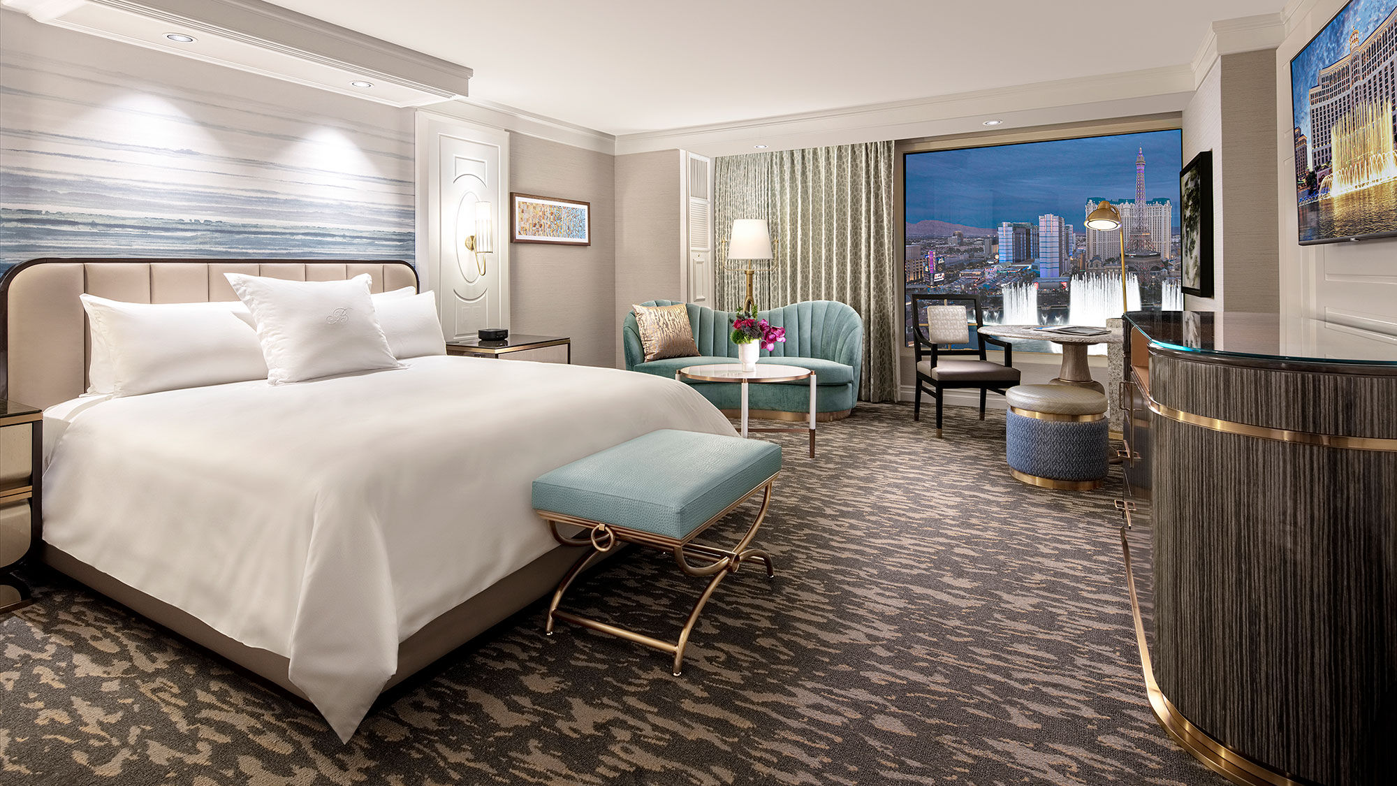 A King room at the Bellagio. Guests of MGM Resorts properties in Las Vegas can now make appointments to have Covid tests administered in their rooms.